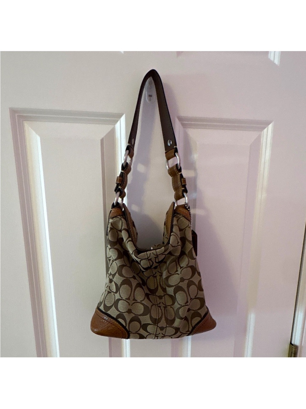 Vintage Coach Chelsea Signature Turnlock Hobo Shoulder Bag Canvas Brown 10981